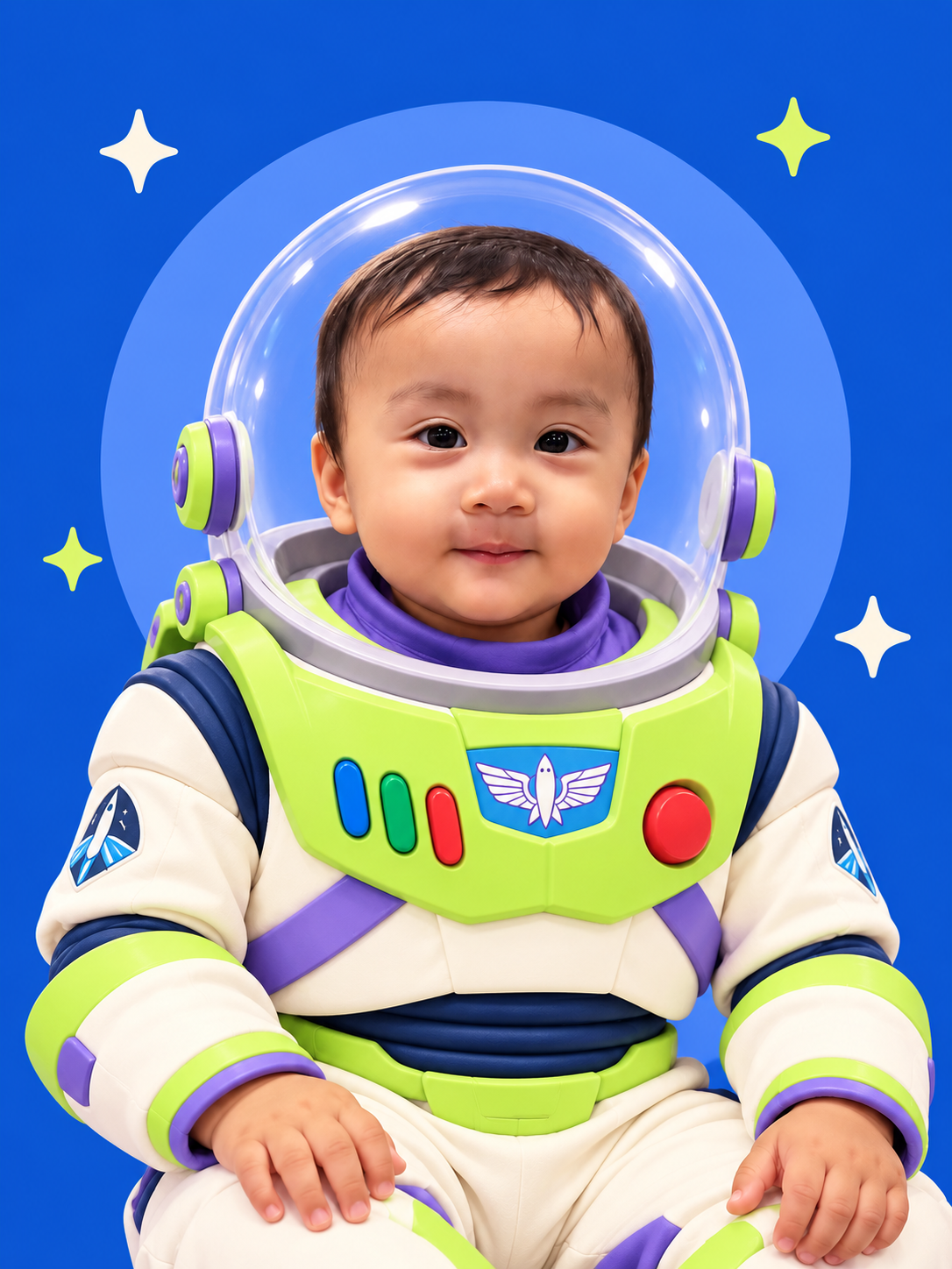 Sky dressed as a space ranger in a white, lime green and purple suit